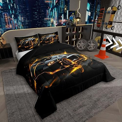 Toddler Race Car Bed for Boys Queen Size,Racing Sport Kids Comforter Bedding Set for Boys Girl,Cool Yellow Black Speed Racing Sports Car Comforter Set,Futuristic Racetrack Extreme Sports Bedding Sets