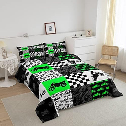 Motorcross Rider Boys Comforter Set Racing Dirt Bike Bedding Set Full Size Neon Green Black Grey Patchwork Grid Quilt Set for Kids Men Teens Bedroom Decor Fashion Gaming Duvet Insert 3pcs