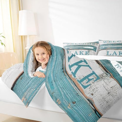 Lake House Comforter Set Twin Size, Rustic Cabin Farmhouse Style Bedding Set 2pcs, Blue Grey Wooden Plank Down Comforter for Women Adults Room Decor, Country Lake Life Luxury Bed Set for All Season