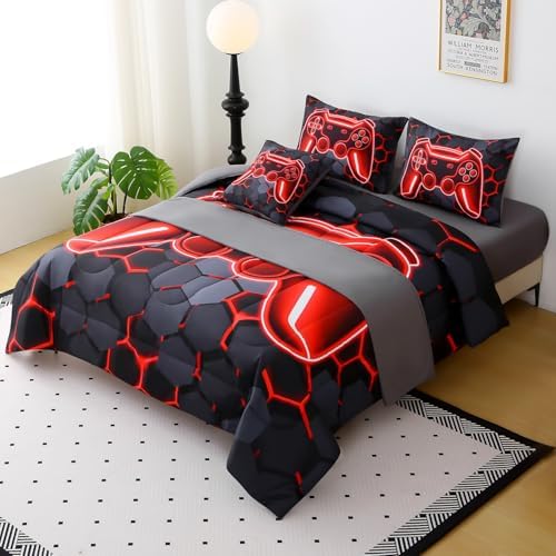 JQinHome Full Size Gaming Bedding Set 6-Piece Comforter for Boys Teens - 3D Video Game Print Bed in a Bag with Sheets, Red Cool Black Design (Full)