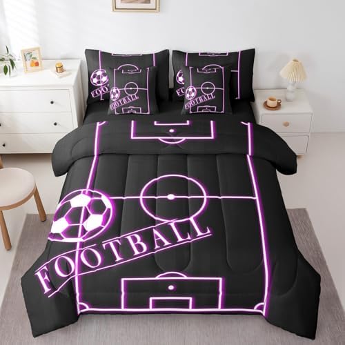 Teens Soccer King Comforter Set 7 Pieces Sports Bedding Comforter Sets for Boys, Black Hot Pink Football Field Bed in a Bag Ball Gaming Bedding Set, Sport Gamer Bed Sheets Set (Black Reversible)