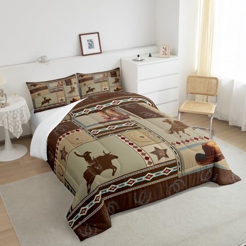 Manfei Western Comforter Set Full Size, Cowboy Bedding Set 3pcs for Kids Boys Teens Bedroom Decor, West Horseshoe Boots Hats Wheels Quilt Set Rustic Farmhouse Duvet Set with 2 Pillowcases