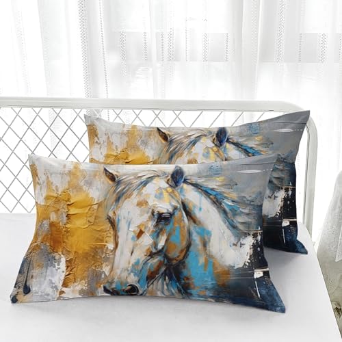 Nttopship Horse Canvas Comforter Set Twin Size,100% Soft Ultra-fine Fiber Four Season White Horse Comforter Set with 1 Comforter and 2 Pillow Case