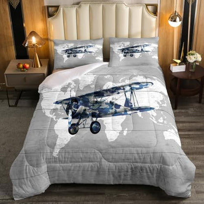 Erosebridal Aircraft Full Size Bedding Set for Boys Girls Kids,Map Comforter Set Aviation Decor for Boys Room,Navy Blue Camo Airplane Comforter Set Lightweight Vintage Air Plane Quilt Bed Set 3Pcs