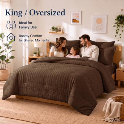 CozyLux California King Comforter Set 7-Piece Brown Seersucker Bed in a Bag