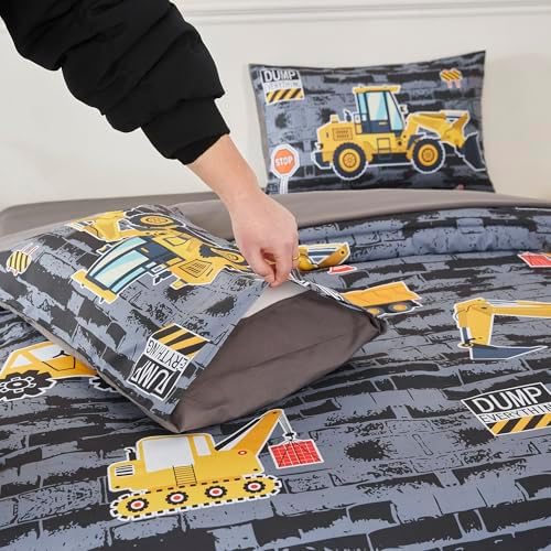 RYNGHIPY Construction Truck Bedding Set Excavator Tractor Bed Set for Boys Bedroom Kids Comforter Sets with 1 Comforter 2 Pillowcases (Black-Grey,Twin)