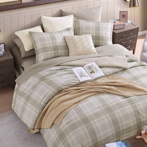Plaid Full Size Comforter Set Khaki Green 7 Pieces Farmhouse Bed in a Bag