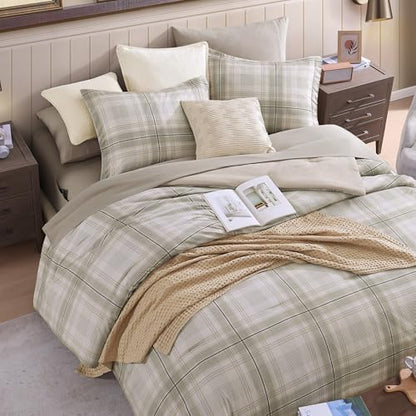 Plaid Full Size Comforter Set Khaki Green 7 Pieces Farmhouse Bed in a Bag