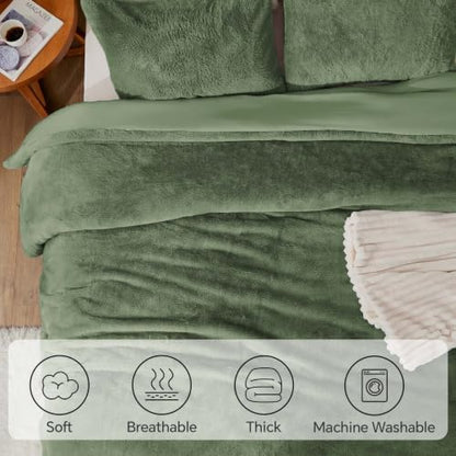BEDELITE Faux Fur Queen Comforter Set Olive Green,Warm Comforter for Winter