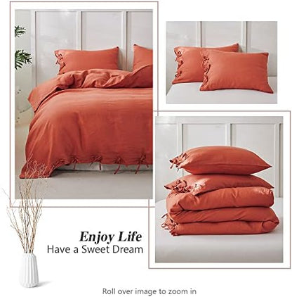 Simple&Opulence 100% Linen Duvet Cover Set 3pcs with Bowknot Ties Closure Natural French Washed Flax Solid Color Soft Breathable Farmhouse Bedding - Brick Red, King Size