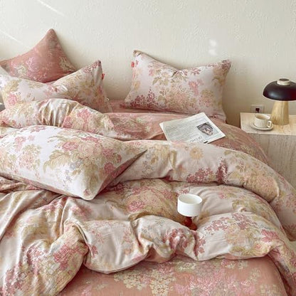 VM VOUGEMARKET Pastoral Double Layer Gauze Cotton Duvet Cover Set – Peach Blush Floral Jacquard,Cozy Reversible Vintage Bedding Set King Size