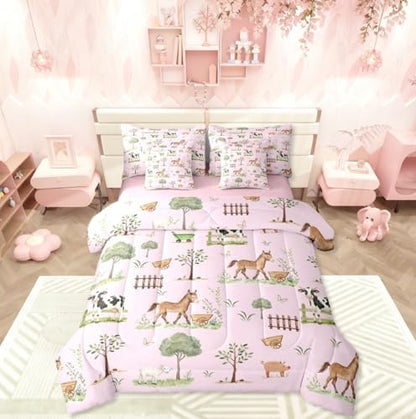 Erosebridal Farm Animal King 7 Pcs Bedding Set Rustic Farmhouse Comforter Set for Boys Girls Pink Cartoon Animal Comforter Kids Cute Horse Sheep Cow Pig Quilt Woodland Trees Sheets Western Room Decor
