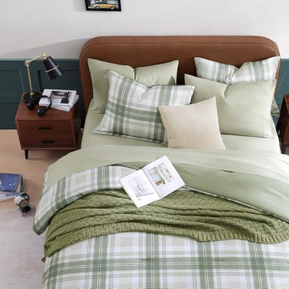 Plaid Queen Comforter Set Green 7 Pieces Bed in a Bag for Boys Girls Teen