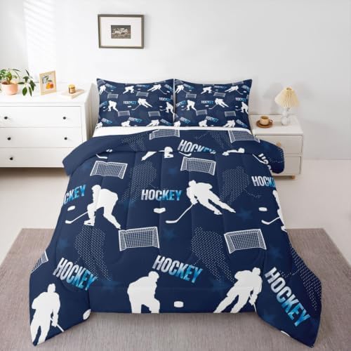 Castle Fairy Hockey Down Comforter Queen Size,White Silhouette Goal Bed in a Bag 3Pcs for Kids Teens Woman Men Room Decor,Navy Blue Quilted Duvet Sports Theme Bedspread,2 Pillowcases