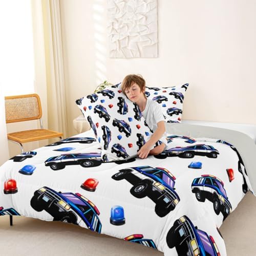Feelyou Police Car Comforter Set King Size Policeman Vehicle Bedding Set for Kids Boys Girls Automobile Duvet Quilt Bedroom Decor Microfiber 3 Pcs with 2 Pillow Cases