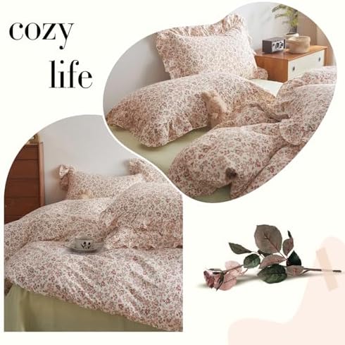 Pink Flower Duvet Cover Set Twin XL 100% Cotton Cute Floral Duvet Cover with Ruffle Pillowcases Girls Cottagecore Bedding Set Aesthetic Garden Style Flower Blooming Comforter Cover with Zipper Closure