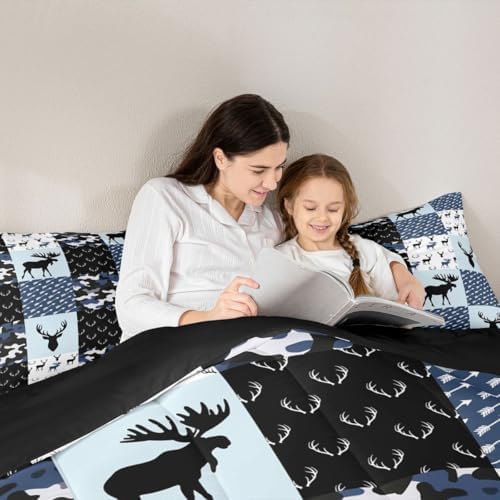 Cute Deer Comforter Set King, Military Camo Bedding Set for Kids Boys Girls Teens Bedroom Tribal Animal Antlers Silhouette Quilted Comforter Checkered Plaid Arrows Bedding Comforters, Army Blue&White
