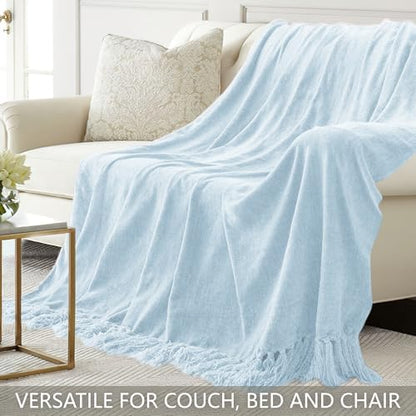 Chenille Throw Blanket for Couch 50" x 60", Light Blue