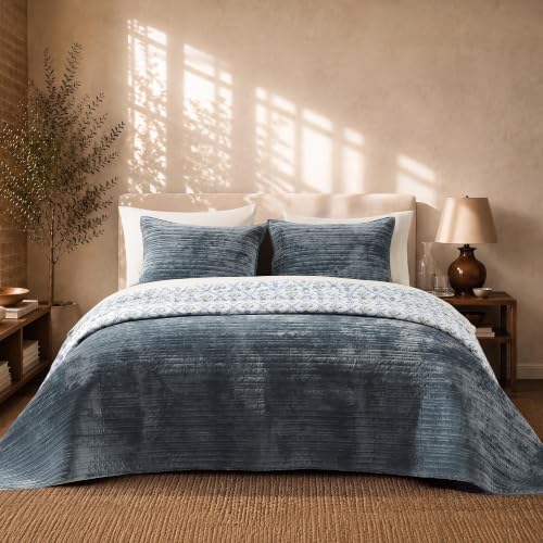 BLOOMHAVEN Blue Velvet Quilt Queen Size-Reversible Queen Quilt Bedding Set