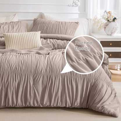 Masaca Oversized King Comforter 120x120,3 Pieces Taupe Ruched Comforter Extra Large,Ruffle Cal King Bed Comforter Oversized Lightweight Shabby Farmhouse Bedroom Bedding Set Ultra Soft