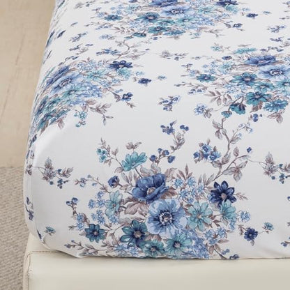 DAUAOTO California King Cotton Sheets Set Printed Bedding Sets, Floral Pattern Bedlinen for Cal King Mattress Up to 14" Deep, French Blue