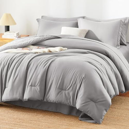 HIMEET Queen Comforter Set, 7-Piece Point-Quilted Bed in a Bag French Grey