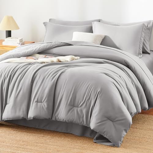 HIMEET King Comforter Set, 7-Piece Point-Quilted Bed in a Bag, French Grey