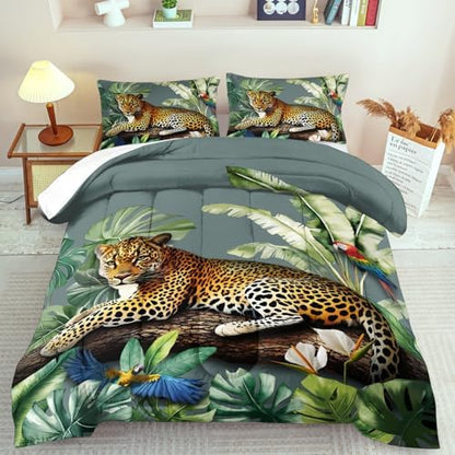 Animal Leopard Print Comforter Set Twin Animal Cheetah Print Comforter Set Boys Girls Floral Leopard Bedding Bedroom Decor Floral Cheetah Bedding Twin Jungle Plant Room Decor