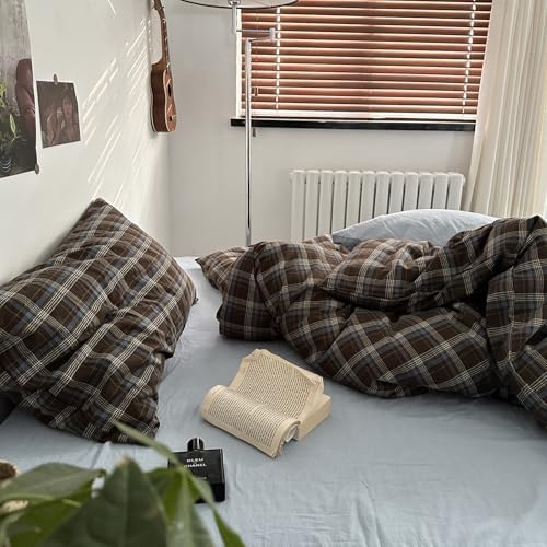 mixinni Vintage Blue & Brown Buffalo Plaid Comforter Set Twin XL Size - 3-Piece Washed Cotton Soft Geometric Checkered Pattern Bedding Set for All-Seasons Lightweight & Breathable-Twin XL Size