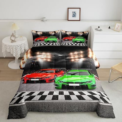 Feelyou Sports Car Comforter Twin Size Decor Red Green Race Car Comforter Set for Kids Boys Racing Car Bedding Set Extreme Sports Competitive Quilt Set Room Decorations