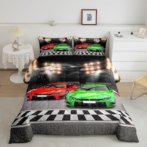 Feelyou Sports Car Comforter Full Size Decor Red Green Race Car Comforter Set for Kids Boys Racing Car Bedding Set Extreme Sports Competitive Quilt Set Room Decorations