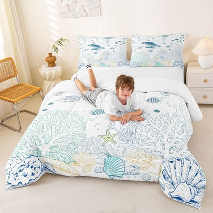 Castle Fairy Sea Turtle Comforter Set Full Size Ocean Coral Shell Starfish Bedding Set 3pcs,Sealife for Kids Boys Girls Room Decor,Blue Sketch Line Piece All Season with 2 Pillowcases
