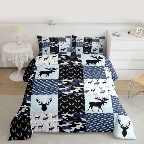 Cute Deer Comforter Set Twin, Military Camo Bedding Set for Kids Boys Teens Bedroom Tribal Animal Antlers Silhouette Quilted Comforter Checkered Plaid Arrows Bedding, Army Blue and White