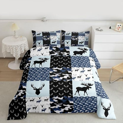 Cute Deer Comforter Set Twin, Military Camo Bedding Set for Kids Boys Teens Bedroom Tribal Animal Antlers Silhouette Quilted Comforter Checkered Plaid Arrows Bedding, Army Blue and White