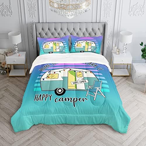 HOSIMA Happy Camping Decor Comforter Set,Cartoon Camper Bedding Queen Size for Kids Teen Girls Boys Room Decor,Camper Accessories for Travel Trailers Themed Bedding with 2 Pillowcases.
