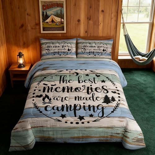 Happy Camping Comforter Set Queen,Boho Arrows Black Sketch Bedding Set 3pcs for Kids Teens Adults Room Decor,Teal Old Wood Board Quilt Set,Rustic Farmhouse Duvet Insert with 2 Pillowcases