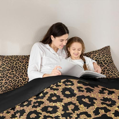Black Leopard Kids Comforter Set Full Size,Wild Animal Cheetah Skin Dots Bedding Set,Girls Boys Room Decor,Wildlife Golden Glitter Fashion Quilt Comforter,Brown Rustic Duvet Insert,2 Pillowcases