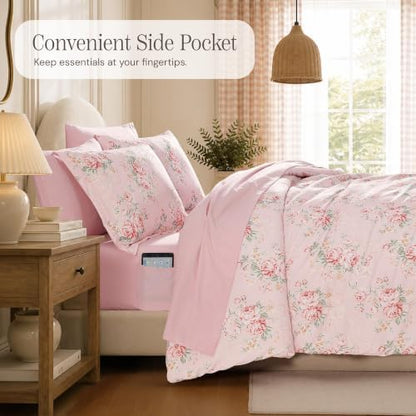 BLOOMHAVEN Twin XL Comforter Set-5 Pieces Pink Floral Bed in a Bag