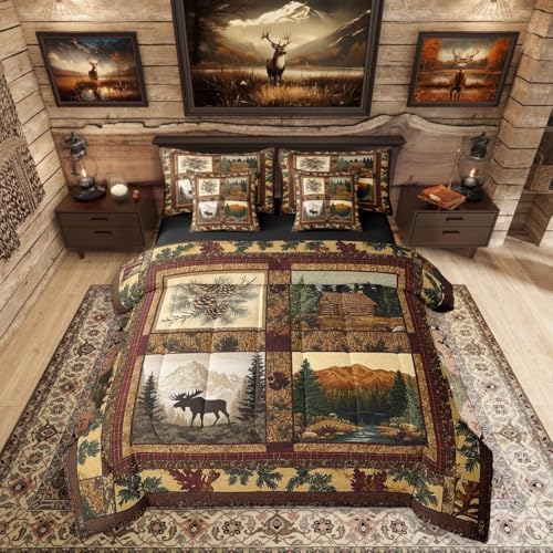 Erosebridal Hunting Theme 7 Piece Bedding Set King Size,Deer Cabin Lodge Bed in a Bag,Retro Patchwork Bed Set Includes Comforter, Sheet Set, Pillowcases & Pillow Covers All Season Bedroom Decor
