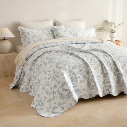 Lady Ann 100% Cotton Oversized King Bedspread 120x120, Light Blue Floral Pattern Printed Quilted Quilt Set with Scalloped Edge, 3 Pcs Extra Large Bed Bedding Set