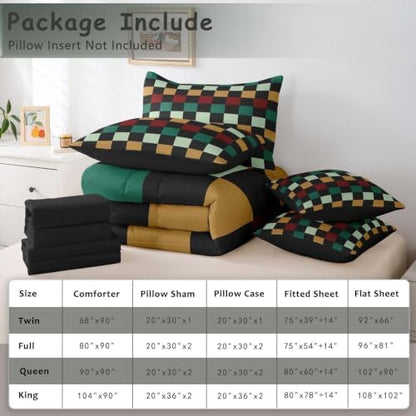 Checkered Retro Comforter Set With Sheets 7 Piece Full Size Green Red Yellow Plaid Bedding Set for Kids Boys Girls Geometric Vintage Bed in a Bag Modern Simple Groovy Aesthetic Room Decor Soft