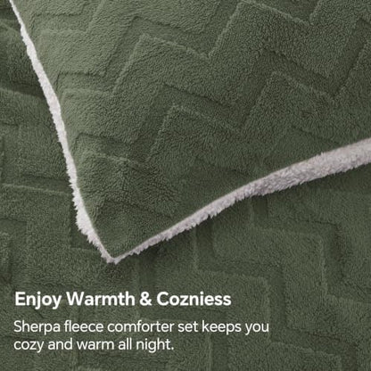 BEDELITE Fluffy Sherpa King Comforter Set,Dark Green