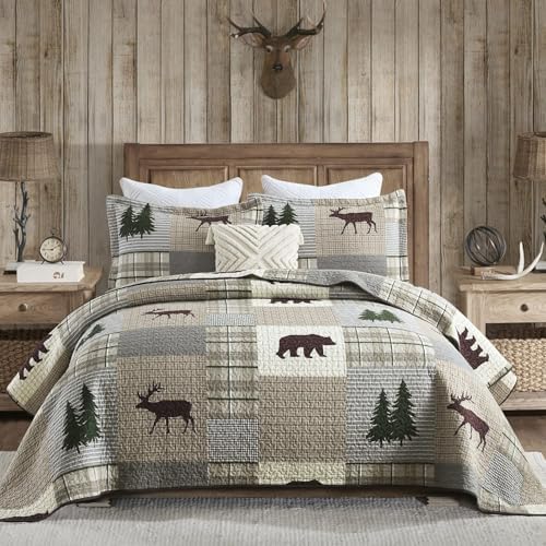 PERHOM Quilt Queen Size - 100% Cotton Lightweight Cabin Plaid Queen Quilt Bedding Set, Forest Tree Brown Bear Deer Patchwork Reversible Bedspread/Comforter Set with 2 Pillow Shams, 3PCS