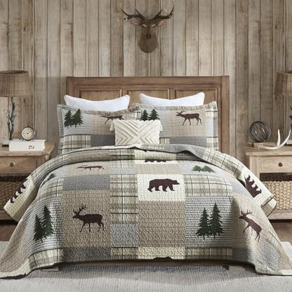 PERHOM Quilt Queen Size - 100% Cotton Lightweight Cabin Plaid Queen Quilt Bedding Set, Forest Tree Brown Bear Deer Patchwork Reversible Bedspread/Comforter Set with 2 Pillow Shams, 3PCS