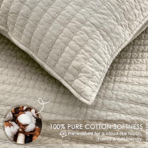 WDCOZY 100% Cotton Twin Size Quilt Set, Channel Pick Stitch, Light Beige