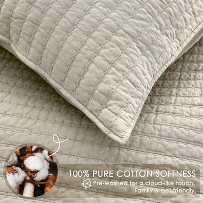 WDCOZY 100% Cotton Twin Size Quilt Set, Channel Pick Stitch, Light Beige