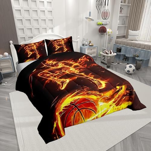 Castle Fairy Basketball Fire King Size Comforter Set,Kids Basketball Player Decor All Season Bedding Set,Teens Burning Flame Comforter,Sports Gaming Decor Quilt Set Bedroom Collection 3Pcs
