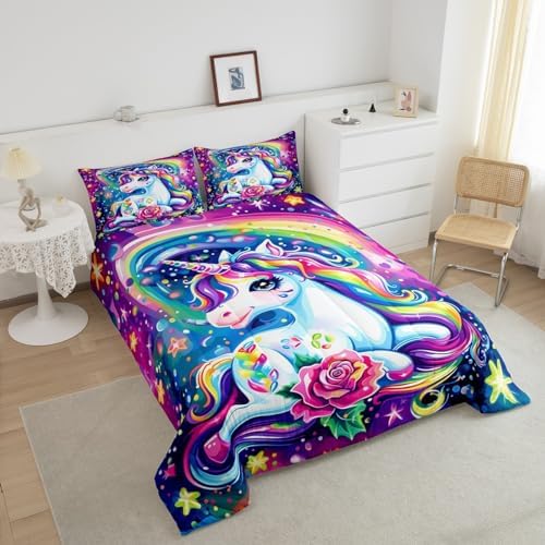 Watercolor Unicorn Kids Comforter Sets Cartoon Rainbow Unicorn Bedding Set,Soft Breathable Reversible Cartoon Cute All Season Comforter Set with 2 Pillowcases for Girls Girly Bedroom Decor Full Size