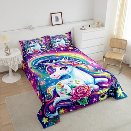 Watercolor Unicorn Kids Comforter Sets Cartoon Rainbow Unicorn Bedding Set,Soft Breathable Reversible Cartoon Cute All Season Comforter Set with 2 Pillowcases for Girls Girly Bedroom Decor Full Size