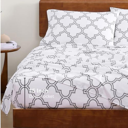 LANE LINEN King Sheets 100% Organic Cotton 4pc Percale Cooling - Trellis